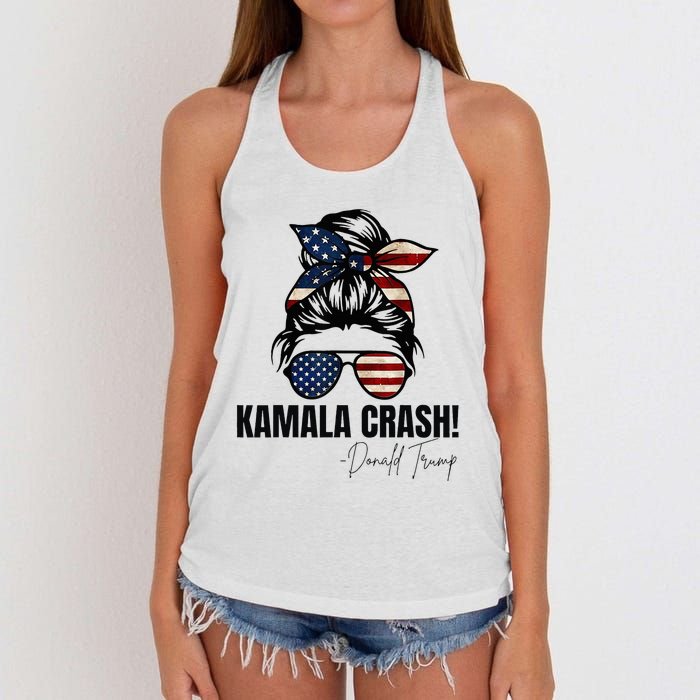 Kamala Crash Funny Trump 2024 Quotes Messy Bun Us Flag Women's Knotted Racerback Tank