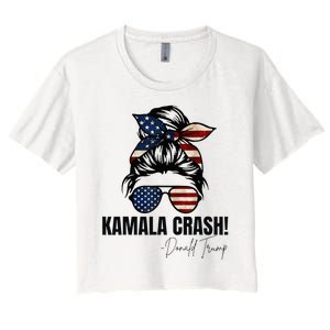 Kamala Crash Funny Trump 2024 Quotes Messy Bun Us Flag Women's Crop Top Tee