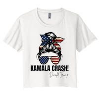 Kamala Crash Funny Trump 2024 Quotes Messy Bun Us Flag Women's Crop Top Tee