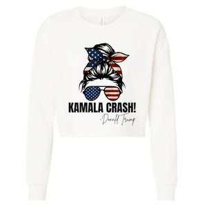 Kamala Crash Funny Trump 2024 Quotes Messy Bun Us Flag Cropped Pullover Crew