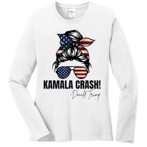 Kamala Crash Funny Trump 2024 Quotes Messy Bun Us Flag Ladies Long Sleeve Shirt