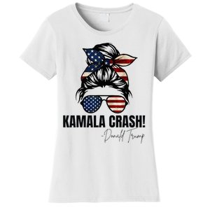 Kamala Crash Funny Trump 2024 Quotes Messy Bun Us Flag Women's T-Shirt