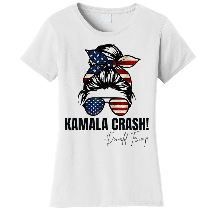 Kamala Crash Funny Trump 2024 Quotes Messy Bun Us Flag Women's T-Shirt