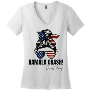 Kamala Crash Funny Trump 2024 Quotes Messy Bun Us Flag Women's V-Neck T-Shirt