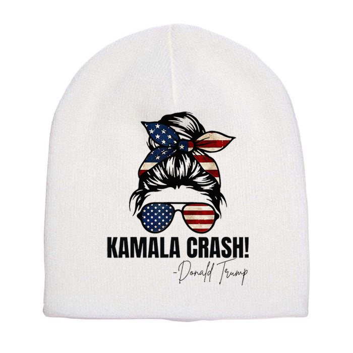 Kamala Crash Funny Trump 2024 Quotes Messy Bun Us Flag Short Acrylic Beanie