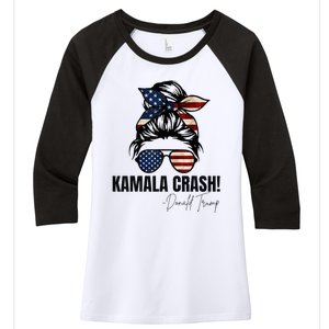 Kamala Crash Funny Trump 2024 Quotes Messy Bun Us Flag Women's Tri-Blend 3/4-Sleeve Raglan Shirt