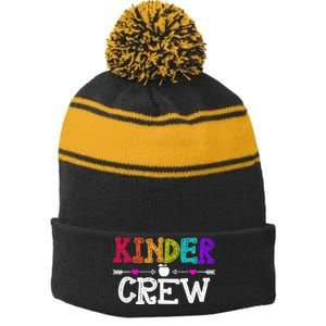 Kinder Crew Funny Kindergarten Teacher 1st Day Of School Stripe Pom Pom Beanie