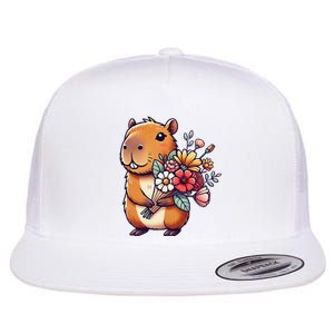 Kawaii Capybara Flower Bouquet Flat Bill Trucker Hat