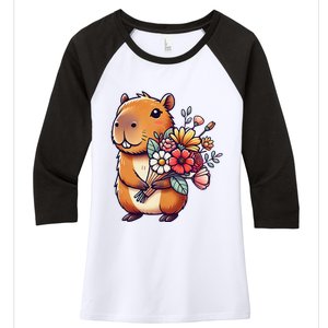 Kawaii Capybara Flower Bouquet Women's Tri-Blend 3/4-Sleeve Raglan Shirt