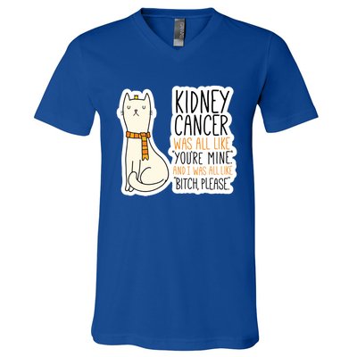 Kidney Cancer Fighter Survivor Quote With Cat Funny Gift V-Neck T-Shirt