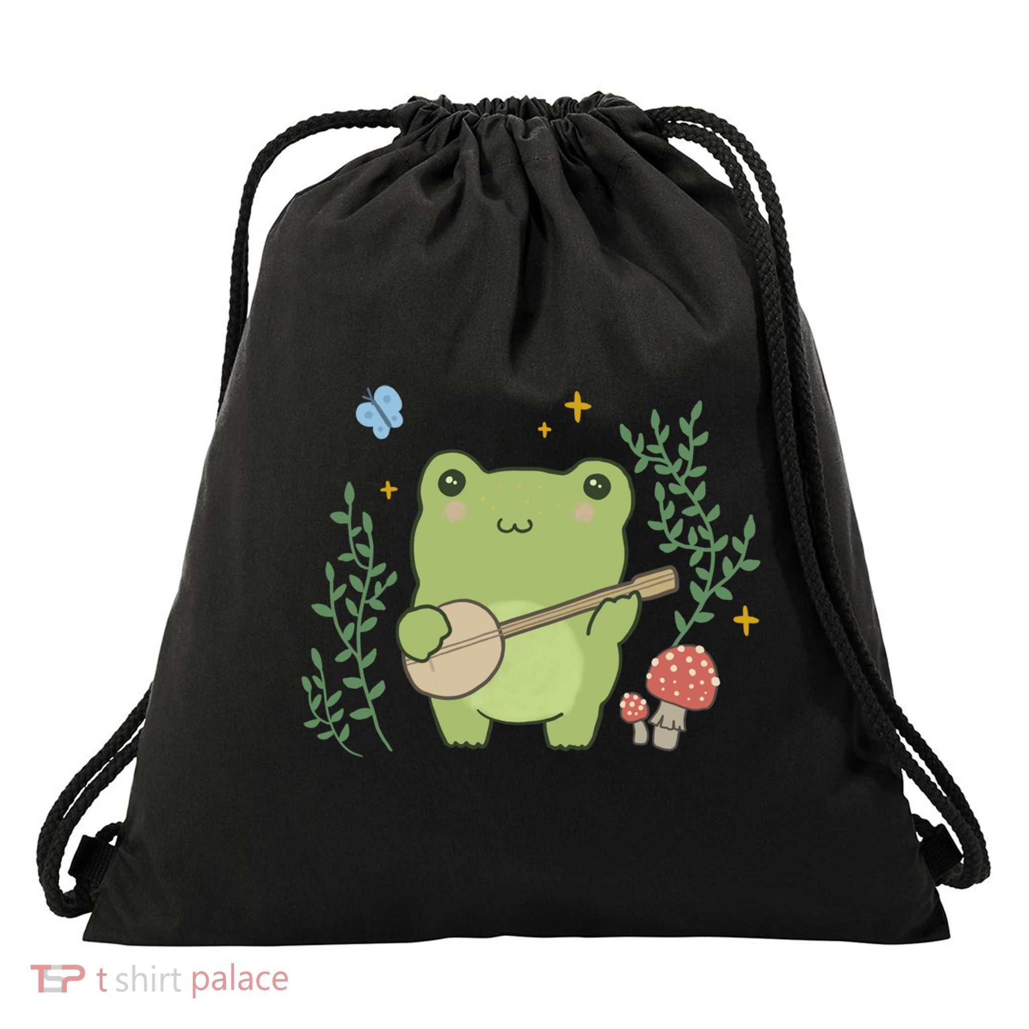 Kawaii Cute Frog Banjo Butterfly Gift Cottagecore Aesthetic Great Gift Drawstring Bag