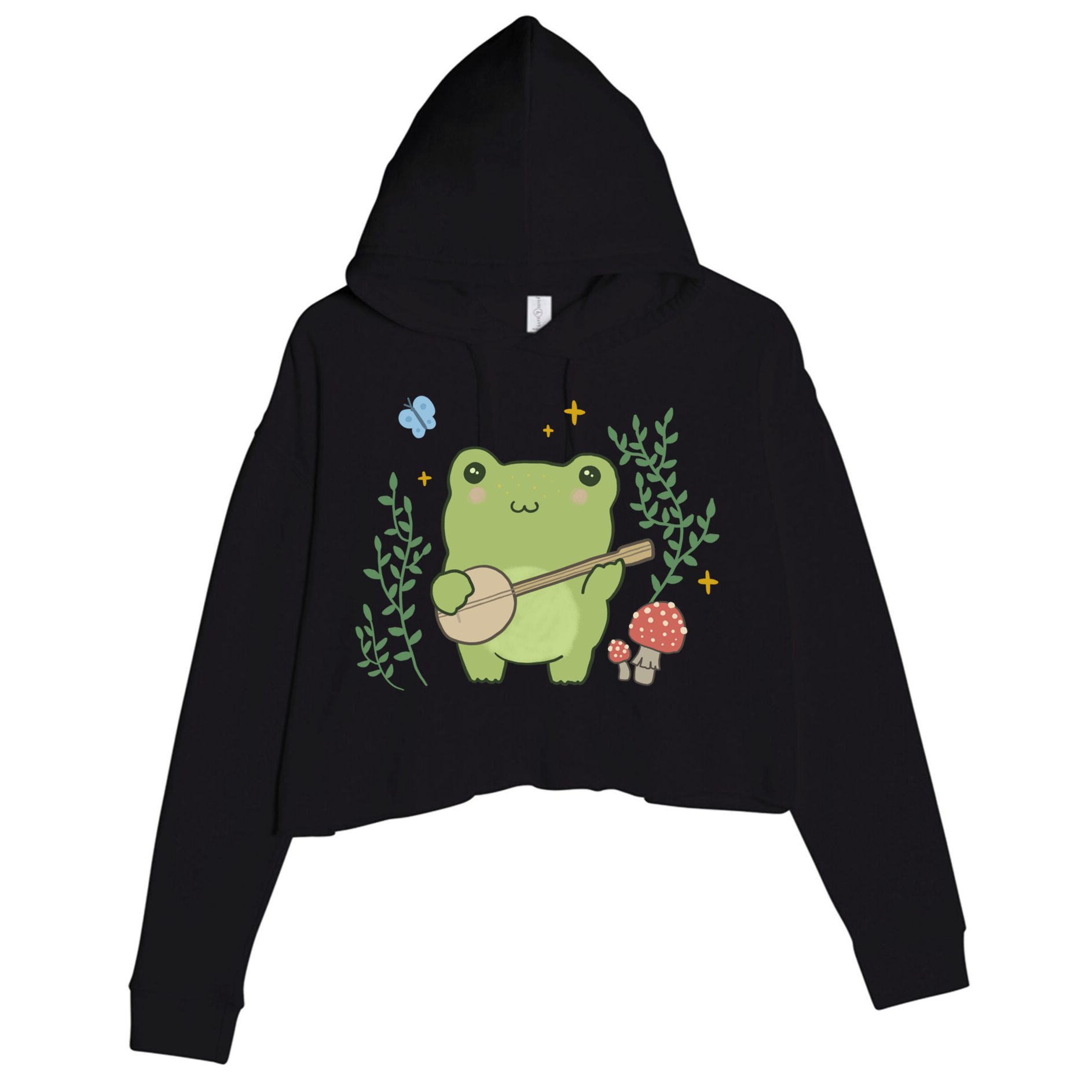 Kawaii Cute Frog Banjo Butterfly Gift Cottagecore Aesthetic Great Gift Crop Fleece Hoodie