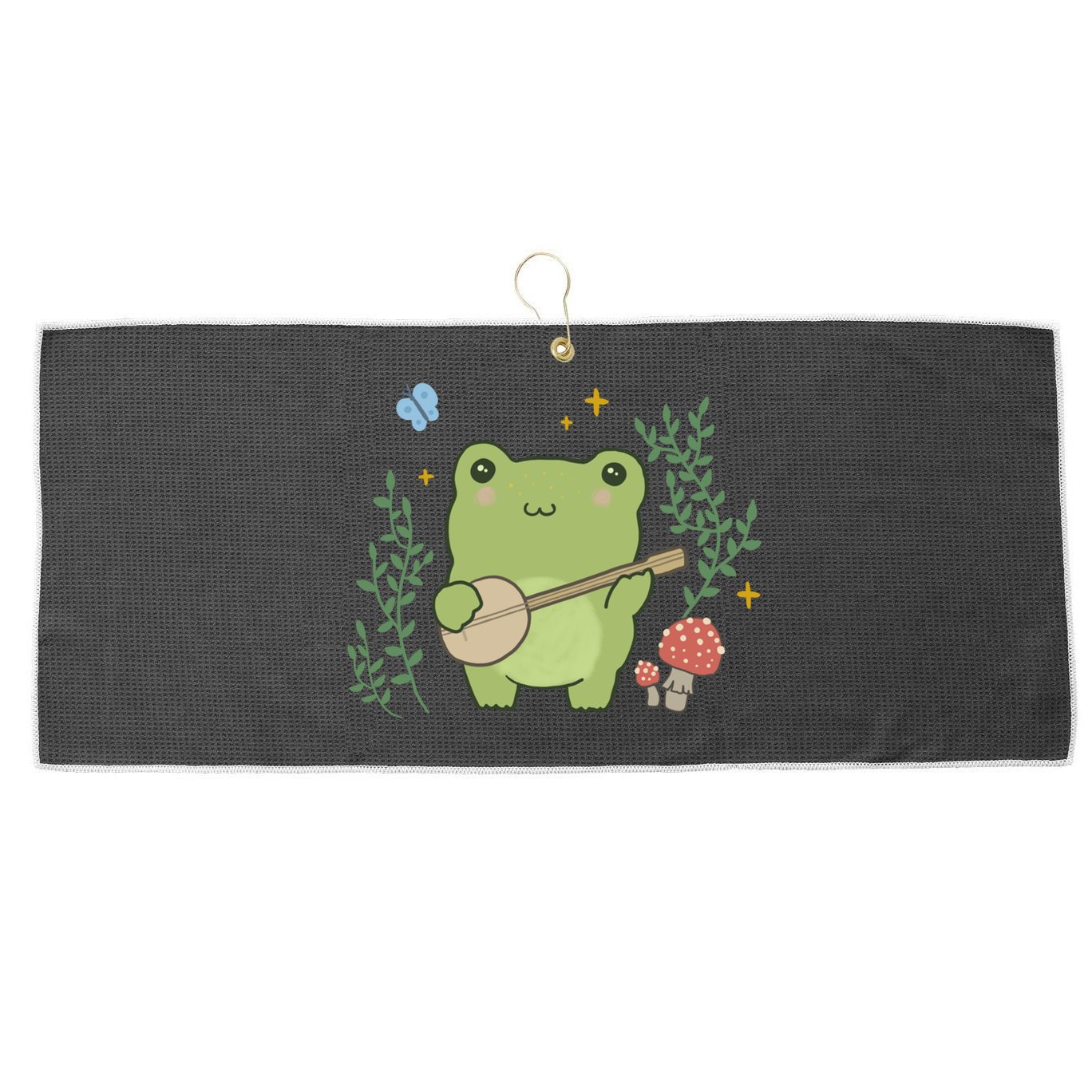 Kawaii Cute Frog Banjo Butterfly Gift Cottagecore Aesthetic Great Gift Large Microfiber Waffle Golf Towel