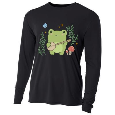 Kawaii Cute Frog Banjo Butterfly Gift Cottagecore Aesthetic Great Gift Cooling Performance Long Sleeve Crew