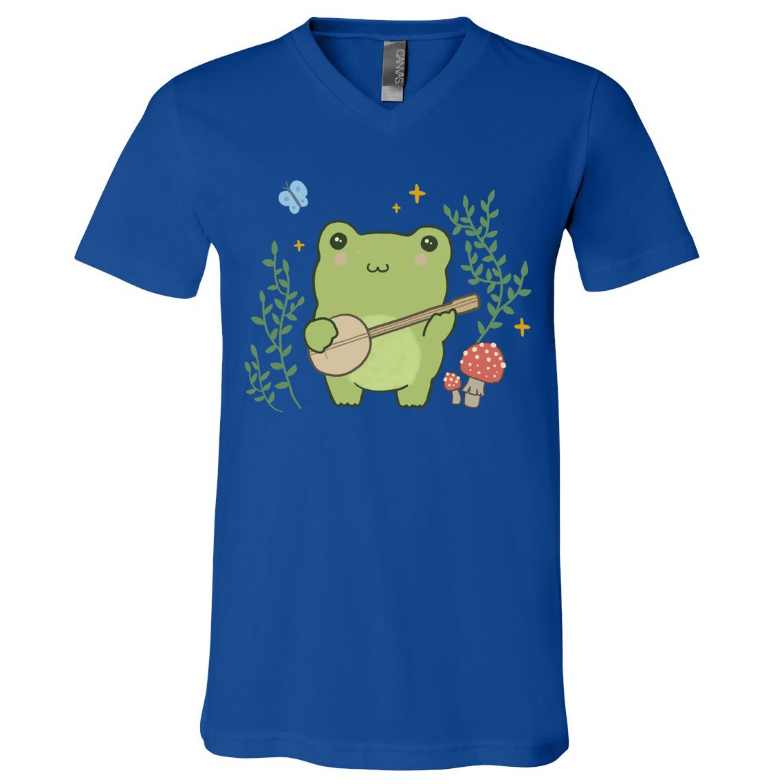 Kawaii Cute Frog Banjo Butterfly Gift Cottagecore Aesthetic Great Gift V-Neck T-Shirt