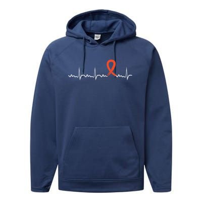 Kidney Cancer Heartbeat Kidney Cancer Awareness Ribbon Gift Performance Fleece Hoodie