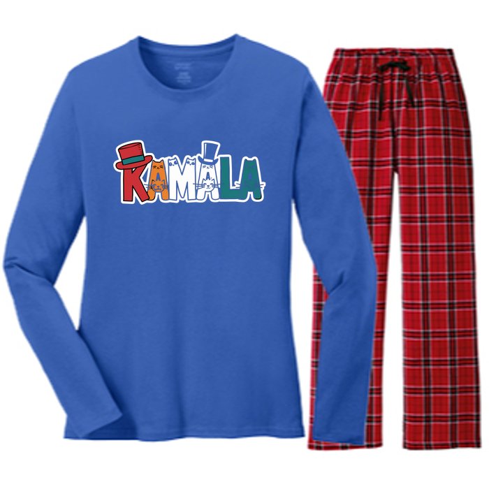 Kamala Cats Hats Fun Personalized Name Gift Women's Long Sleeve Flannel Pajama Set 