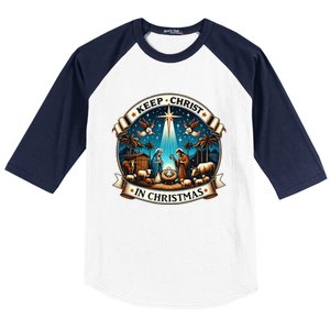 Keep Christ In Christmas  Nativity Scene   Baseball Sleeve Shirt