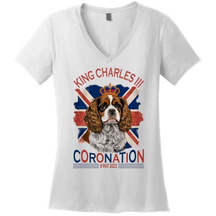 King Charles III British Royal Coronation May Spaniel Dog Women's V-Neck T-Shirt