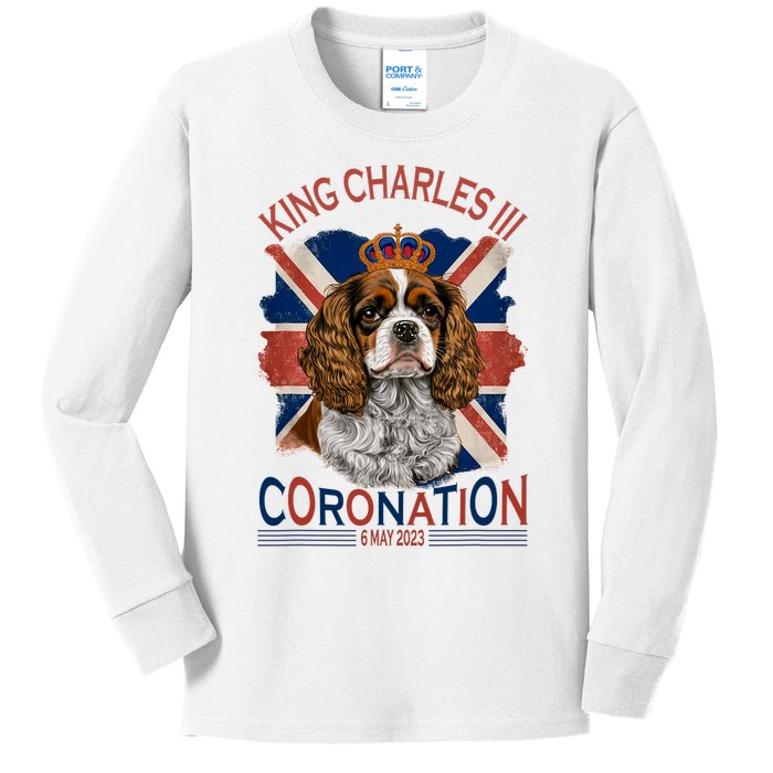 King Charles III British Royal Coronation May Spaniel Dog Kids Long Sleeve Shirt