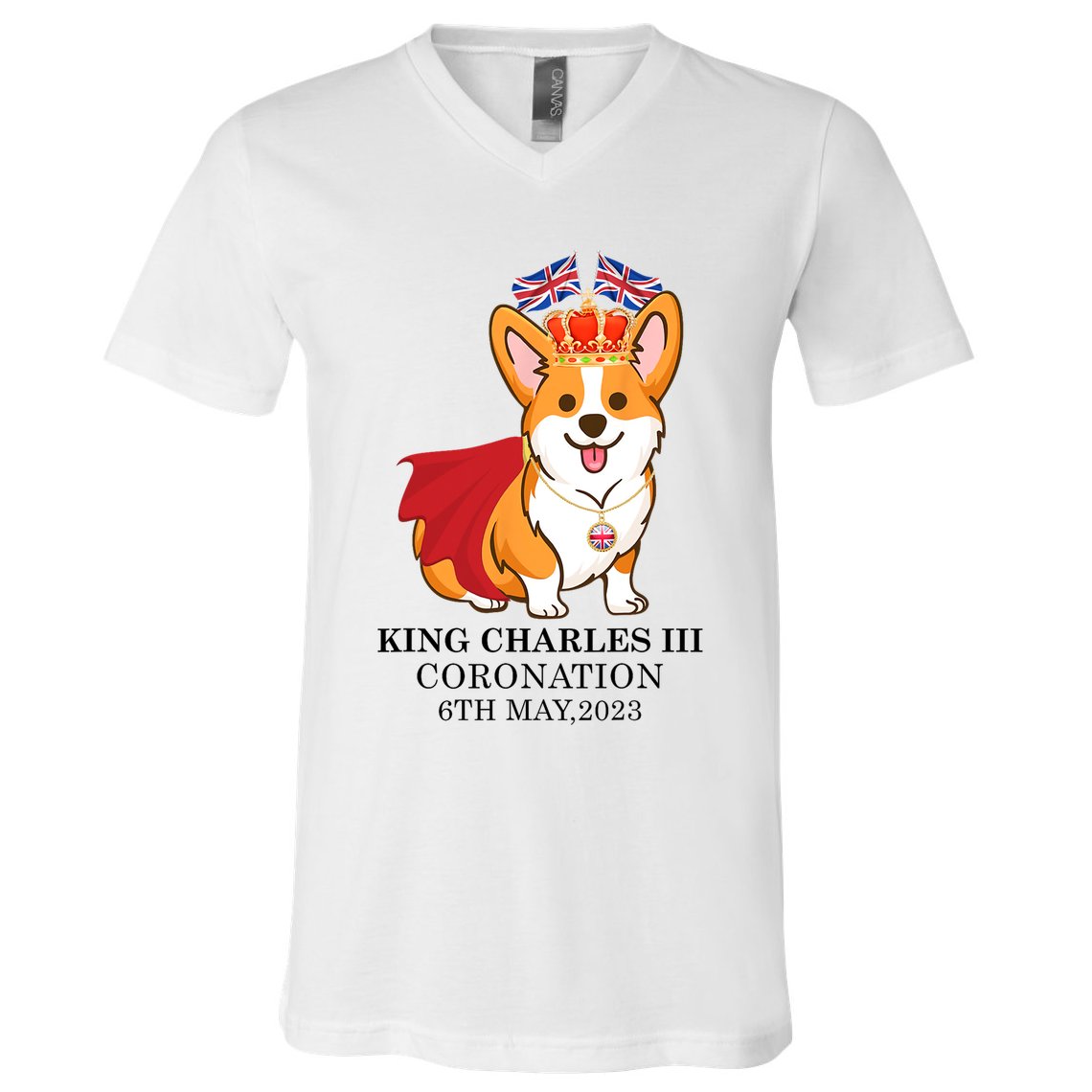 King Charles III Coronation Royal Corgi dog British flag V-Neck T-Shirt