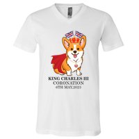 King Charles III Coronation Royal Corgi dog British flag V-Neck T-Shirt