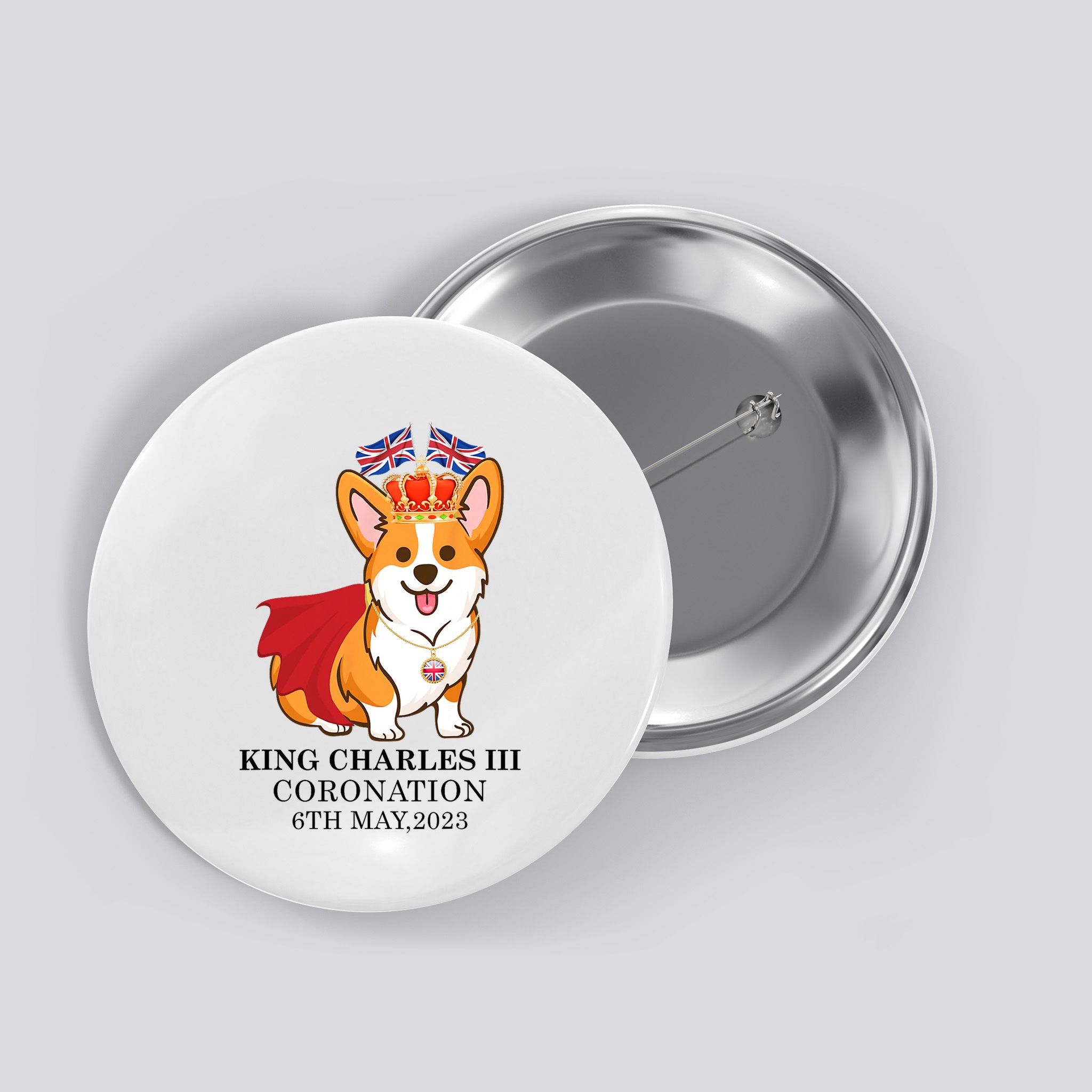 King Charles III Coronation Royal Corgi dog British flag Button