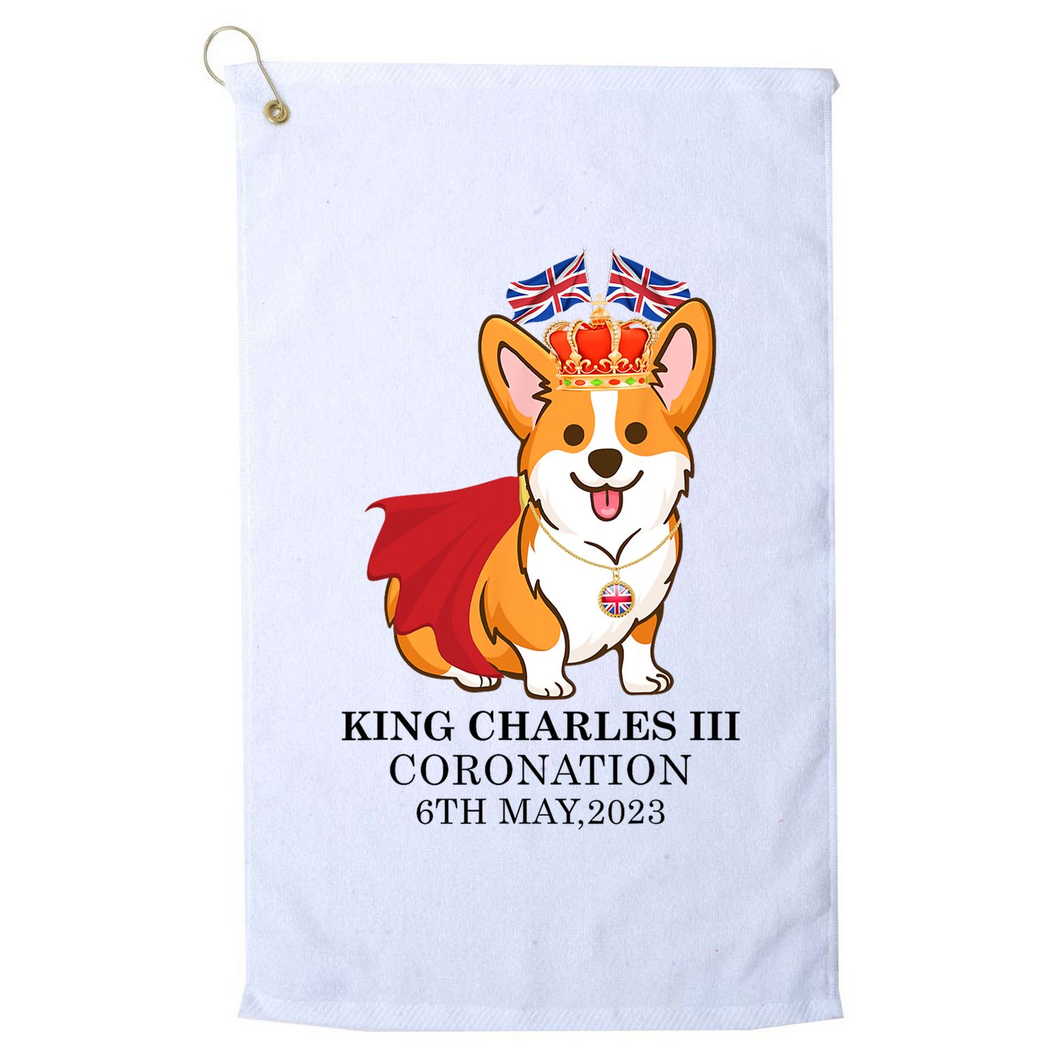 King Charles III Coronation Royal Corgi dog British flag Golf Towel