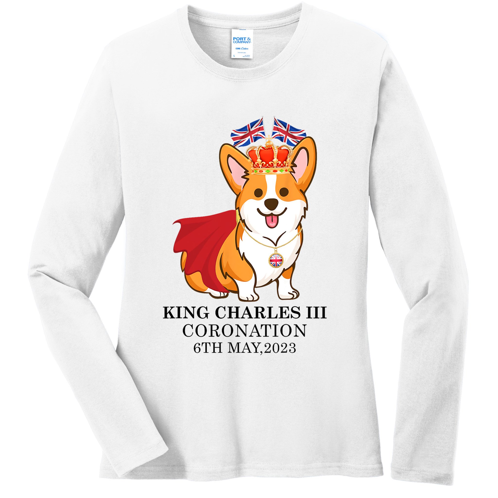 King Charles III Coronation Royal Corgi dog British flag Ladies Long Sleeve Shirt