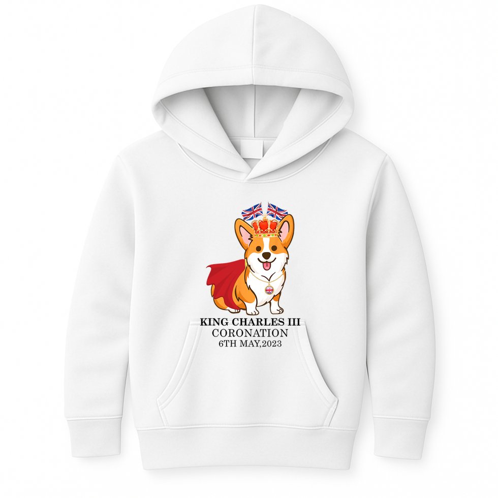 King Charles III Coronation Royal Corgi dog British flag Kids Hoodie