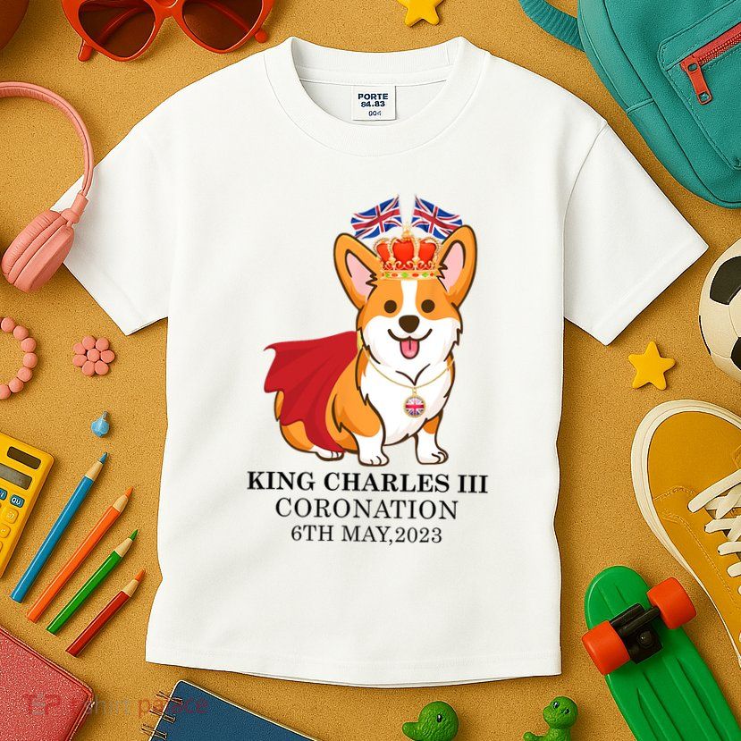 King Charles III Coronation Royal Corgi dog British flag Kids T-Shirt