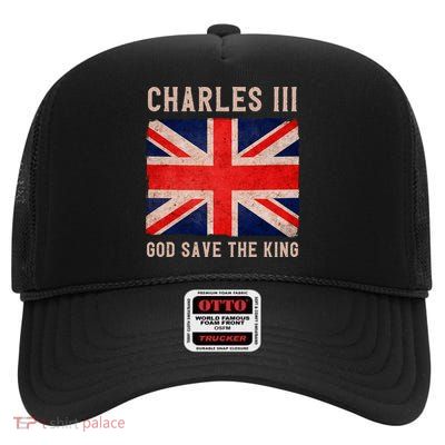 King Charles III God Save The King Monarchy UK High Crown Mesh Back Trucker Hat