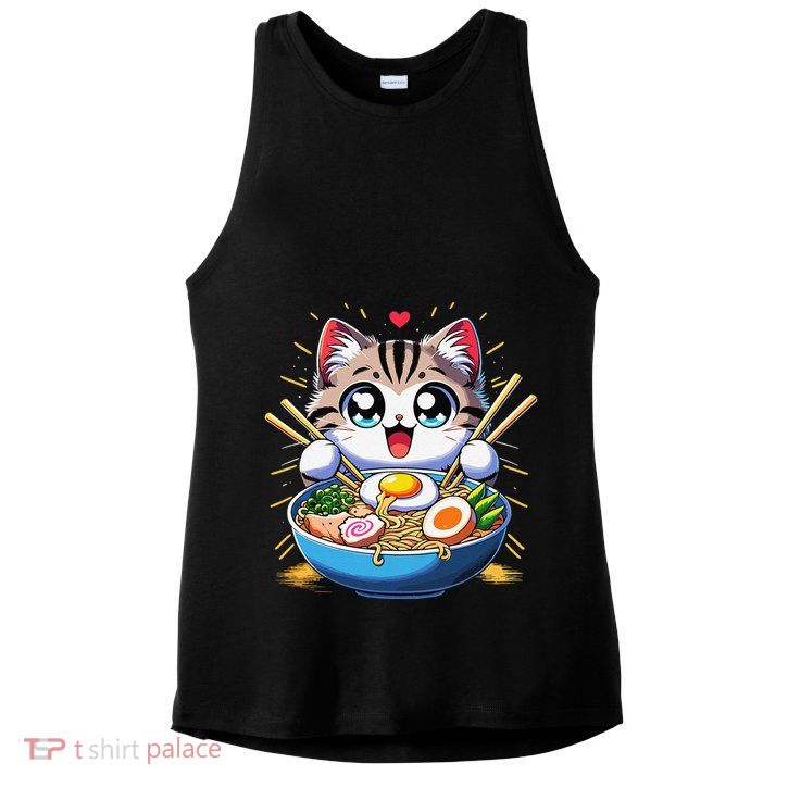 Kawaii Cat Japanese Anime Manga Cat Ramen Ladies PosiCharge Tri-Blend Wicking Tank