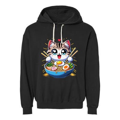 Kawaii Cat Japanese Anime Manga Cat Ramen Garment-Dyed Fleece Hoodie