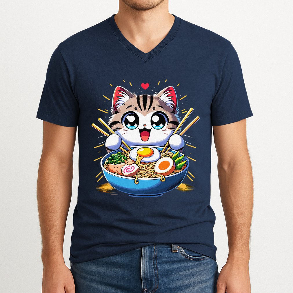 Kawaii Cat Japanese Anime Manga Cat Ramen V-Neck T-Shirt