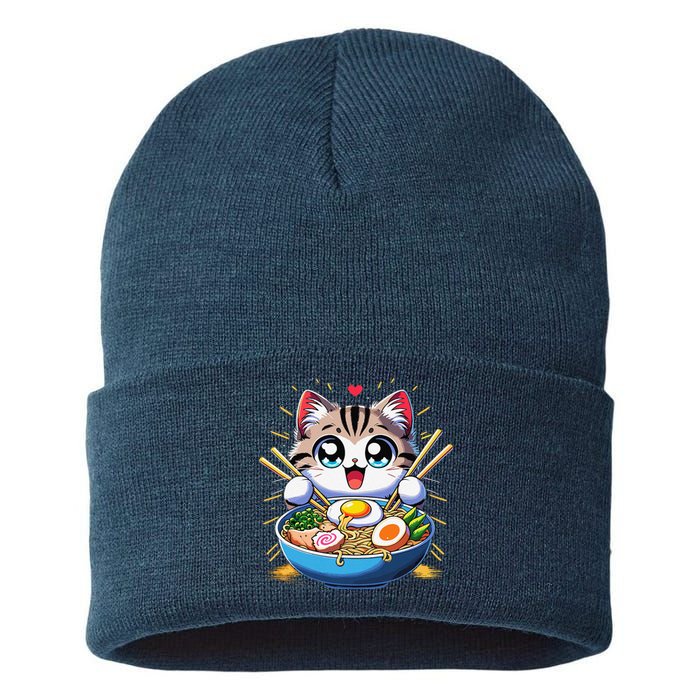 Kawaii Cat Japanese Anime Manga Cat Ramen Sustainable Knit Beanie