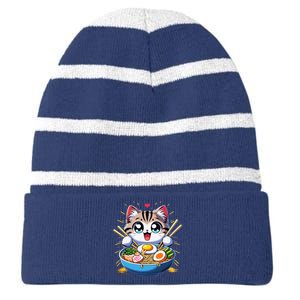 Kawaii Cat Japanese Anime Manga Cat Ramen Striped Beanie with Solid Band