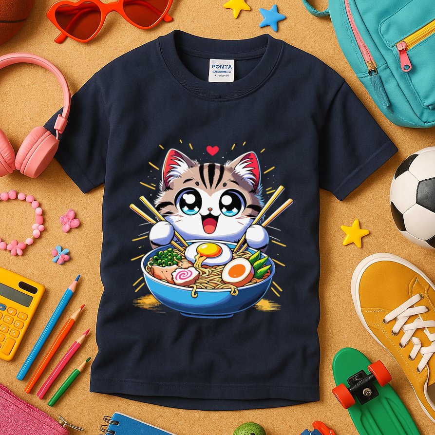 Kawaii Cat Japanese Anime Manga Cat Ramen Kids T-Shirt