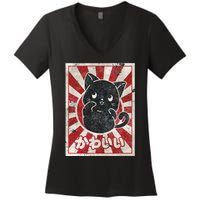 Kawaii cat Japanese black anime cat lover Women's V-Neck T-Shirt