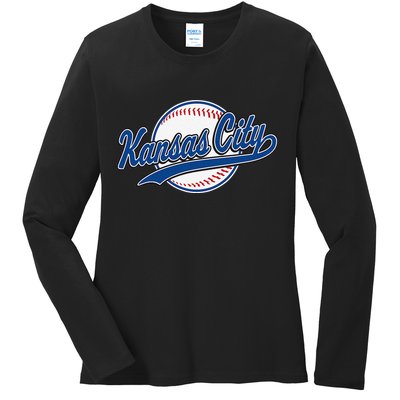 Kansas City Kc Vintage Baseball Throwback Retro Design Ladies Long Sleeve Shirt
