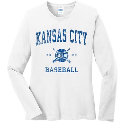 Kansas City KC Vintage Baseball Throwback Retro Design Ladies Long Sleeve Shirt