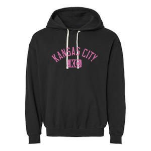 Kansas City Kc Arched Text Distressed Pink Print Garment-Dyed Fleece Hoodie