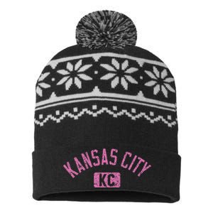 Kansas City Kc Arched Text Distressed Pink Print USA-Made Snowflake Beanie