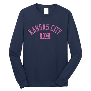 Kansas City Kc Arched Text Distressed Pink Print Long Sleeve Shirt