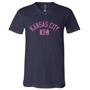 Kansas City Kc Arched Text Distressed Pink Print V-Neck T-Shirt