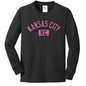 Kansas City Kc Arched Text Distressed Pink Kids Long Sleeve Shirt