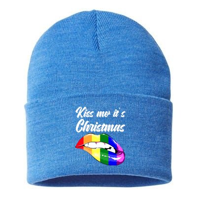 Kiss Christmas Lgbtq Community Lips Xmas Design Gift Sustainable Knit Beanie