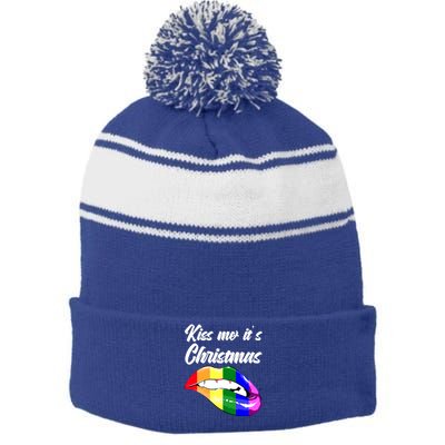 Kiss Christmas Lgbtq Community Lips Xmas Design Gift Stripe Pom Pom Beanie