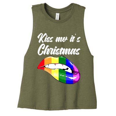 Kiss Christmas Lgbtq Community Lips Xmas Design Gift Women's Racerback Cropped Tank