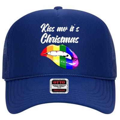 Kiss Christmas Lgbtq Community Lips Xmas Design Gift High Crown Mesh Back Trucker Hat